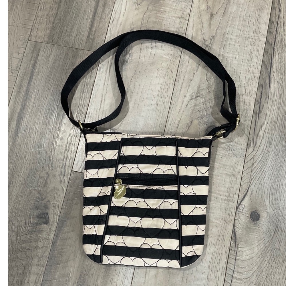 Luv Betsey Johnson Crossbody Bag Black Cream Striped Heart Quilted Messenger